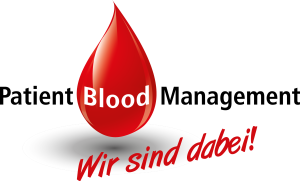 Symbolischer Bluttropfen und Schriftzug Patient Blood Management wir sind dabei